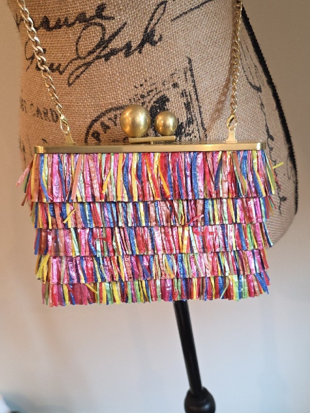 Olga Berg Multicolor Fringe Clutch with Gold Chain